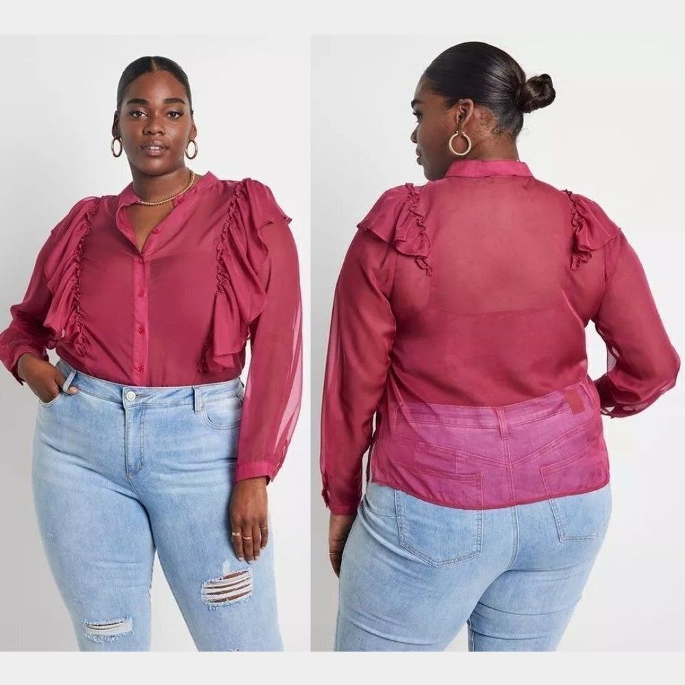 Eloquii Plus Size Red Ruffle Front Chiffon Blouse Office Business Tops